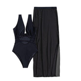 Traje de baño de una pieza con falda midi hueca, de malla con lazo y abertura sólida con falda de playa